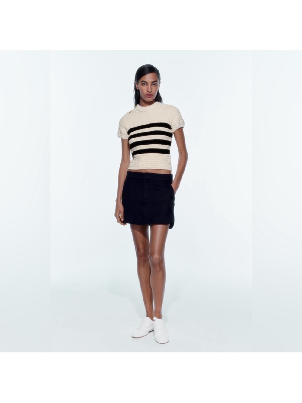 Zara Cream and Black Short-Sleeve Crewneck Sweater with Button Detail